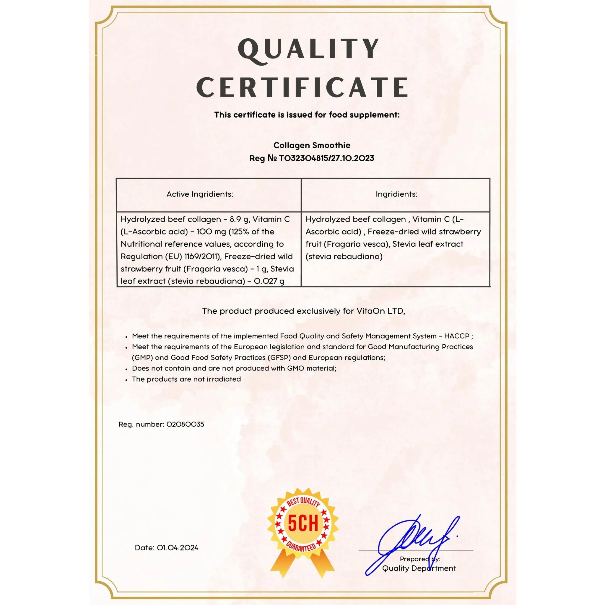 Certificato di qualità  frullato di collagene