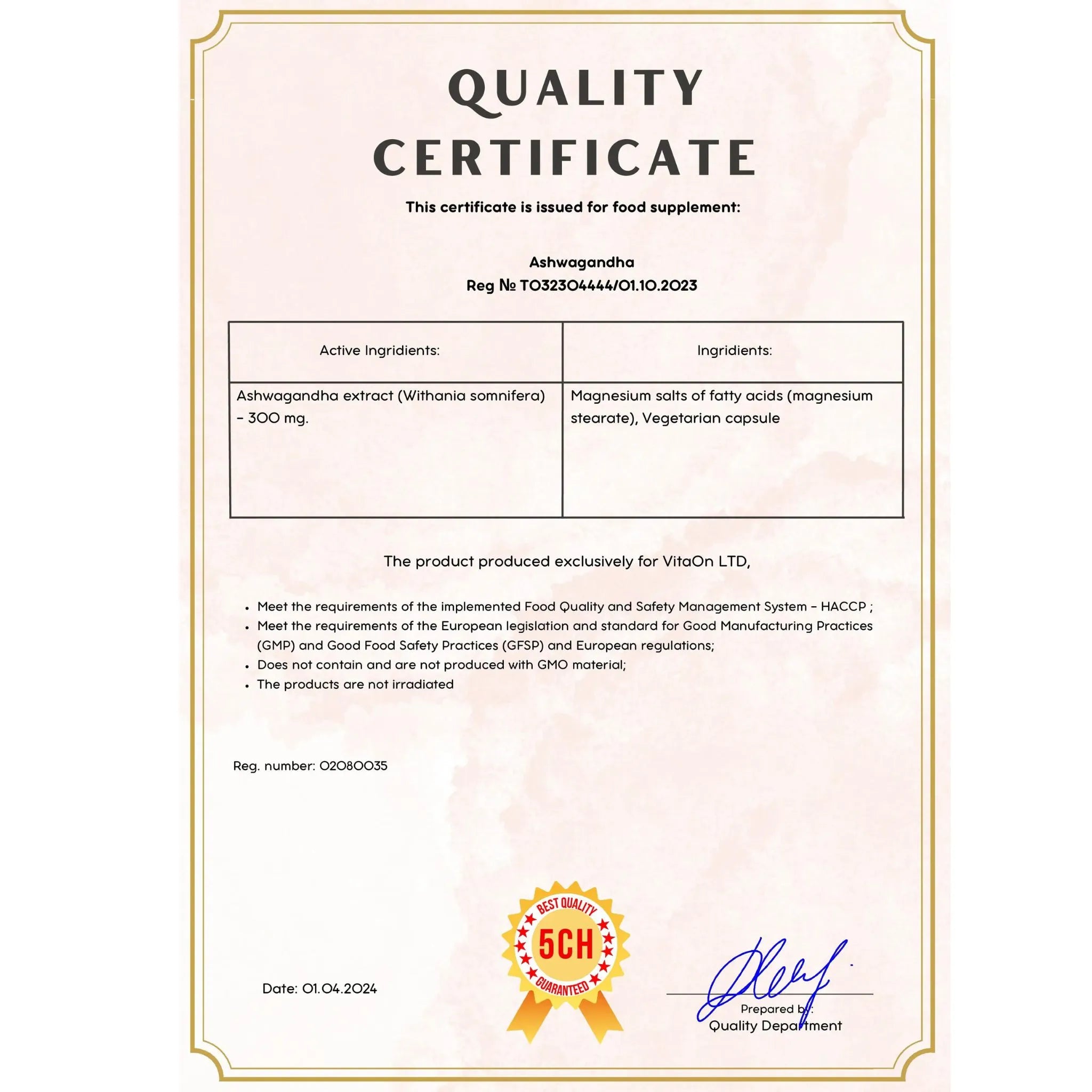 Certificat de calitate ashwagandha