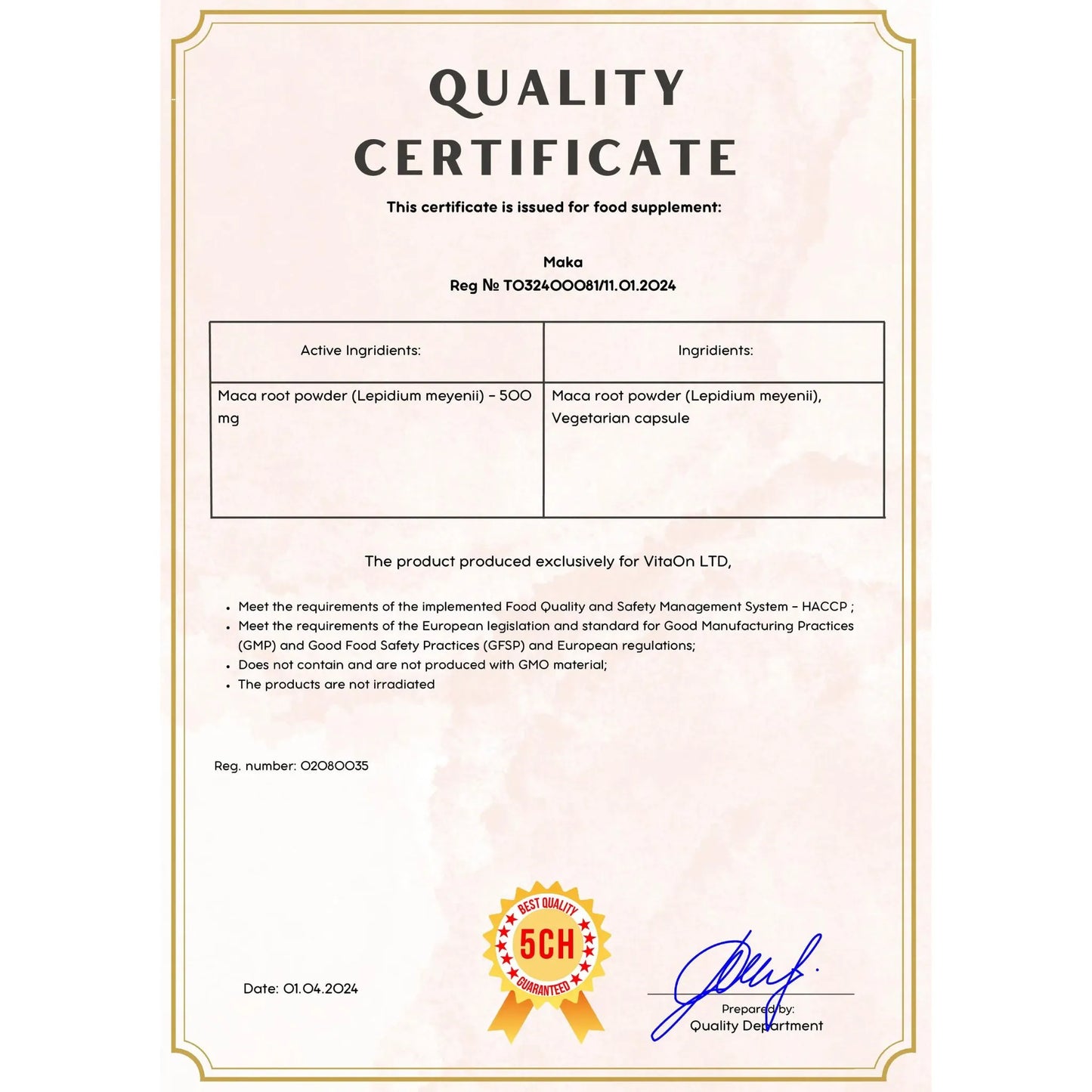 Certificato di qualità maca