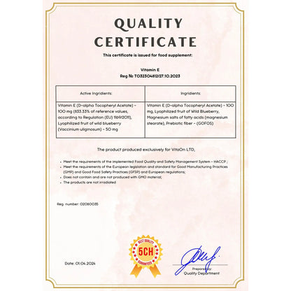 Certificat de calitate vitamina e