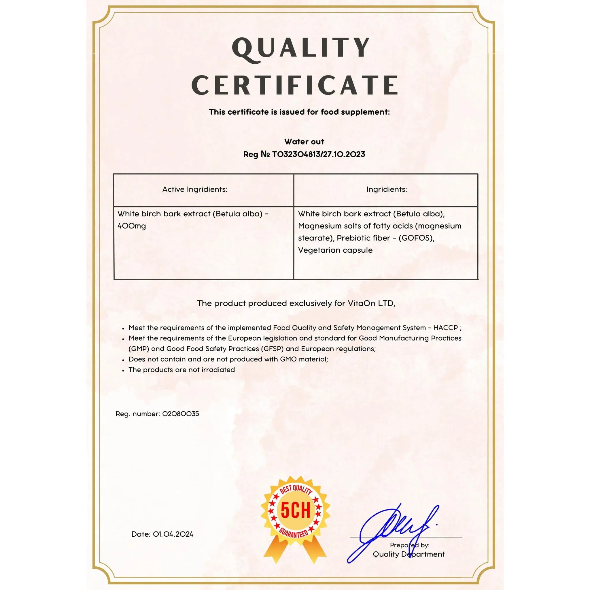 Certificat de calitate water out