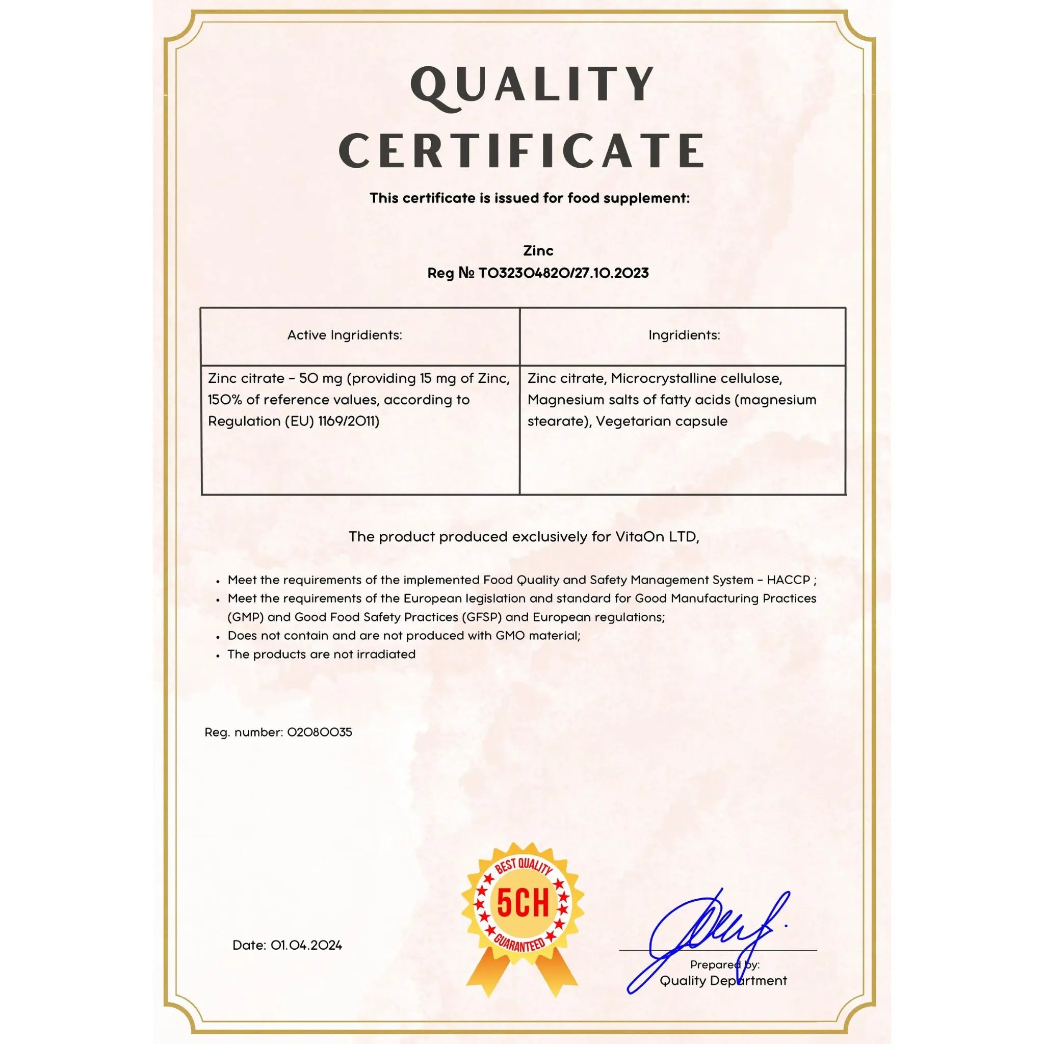 Certificat de calitate zinco