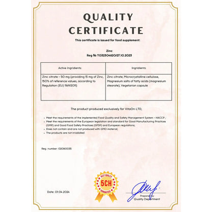 Certificat de calitate zinco